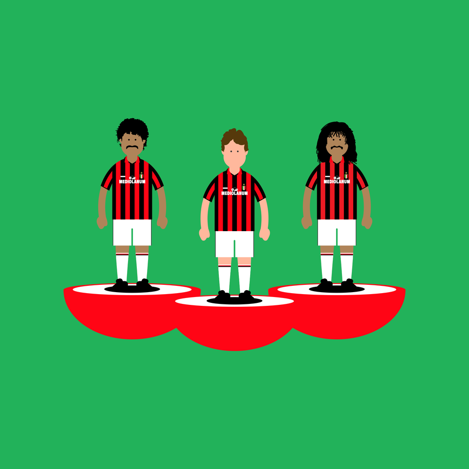 Cartoon illustration of three Dutch footballers playing for AC Milan
